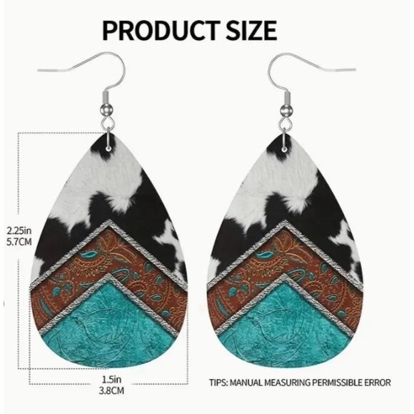 Boho Western Teardrop Earrings For Women Leather & Faux‎ Fur Turquoise/Brown NEW - Picture 3 of 3